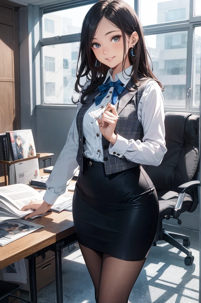 (Best Quality, Masterpiece),Wearing a pink plaid vest, White short sleeved shirt, Gray pencil skirt, Wear stiletto heels, Necklace, earrings, Cute face, Smile, Blushing, Shyness, Glass wall, Ultra Detail, Realistic, Front view, Whole body, stunning, cute, warm smile, hourglass figure, apron, text, chart, advertising, magazine title(Best Quality, Masterpiece), Mag((((1ladyl,)))) (masterpiece), (realistic), (best quality), (ultra-detailed), (wearing in [[white and gray check pattern]] Vest worn over white collared long-sleeved shirt:1.4), (gray vest with buttons:1.2), (Pink Theme:1.2), (blue ribbon ribbon:1.3), (Black theme:1.4), (Tight black pencil skirt:1.5), ((Brown pantyhose)), (high-heels:1.1),longskirt,office desk, office chair,Lulubre Unity 8K Wallpaper, pantyshot, long brown hair, office lady Magazine Cover, 1girl,  amazing, girl, 30 years old, house wiife, warm smile, hourglass figure, text, chart, advertising, magazine title