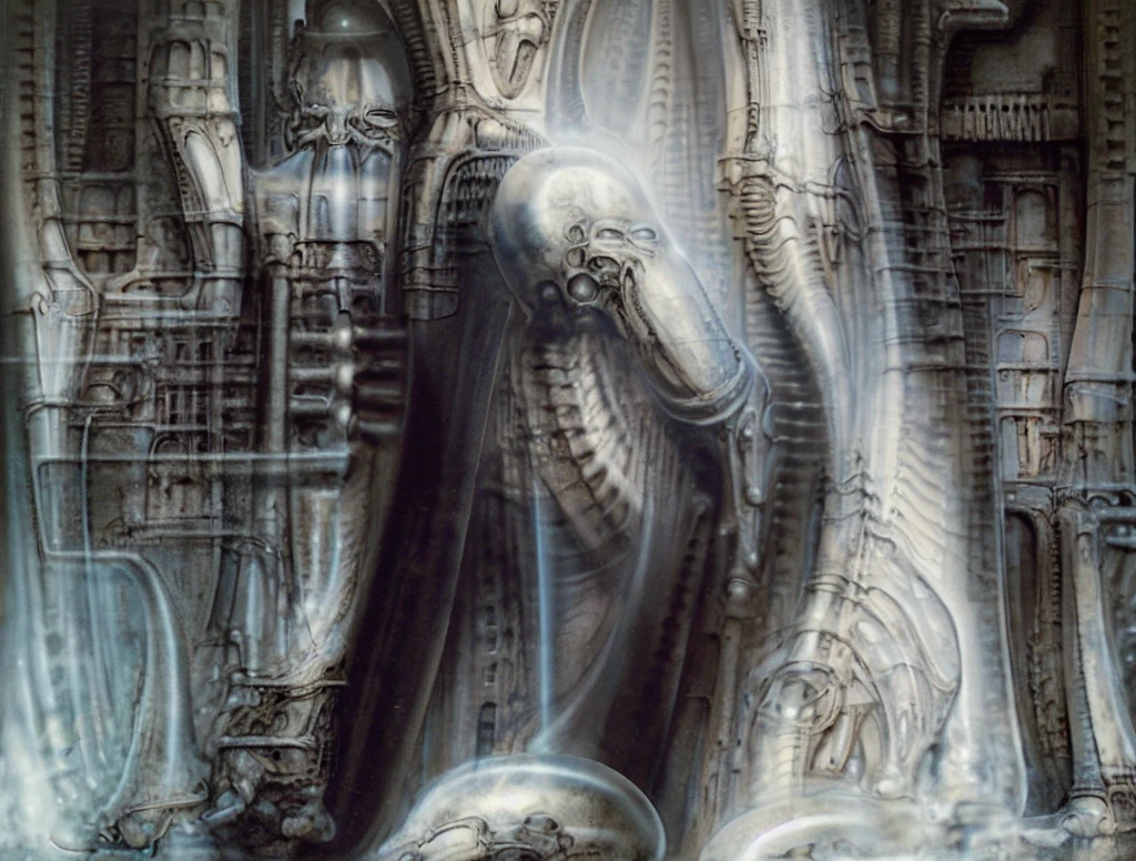 g1g3r, The image is a detailed view of H.R. Giger's \" Biomechanical Landscape No II \" plate, featuring a complex network of bones and organs in a purple-brown hue ,swirling gray and brown colors. The artwork is silver and purplish brown, with an ivory bones prominently displayed. The image is highly detailed and intricate, almost like a 3d version of a medical diagram (detailed view of an anatomy model, possibly of a human body, with transparent organs and bones exposed). The piece has a thick mechano-organic texture and is covered in fine details. The image has a swirling, organic quality to it. The artistic manner would be unmistakably Gigeresque. A dark and unsettling beauty would permeate the piece, blurring the lines between fascination and repulsion , forever haunted by the grotesque allure. Giger's signature artistic manner would be evident in every stroke. The airbrush would be wielded with masterful precision to create a hyperrealistic yet nightmarish aesthetic.
The texture of ivory with signs of burning and fossilization can be seen in the mix of smooth and rough brushstrokes. By Peter mohrbacher, ooze soaked pajama top