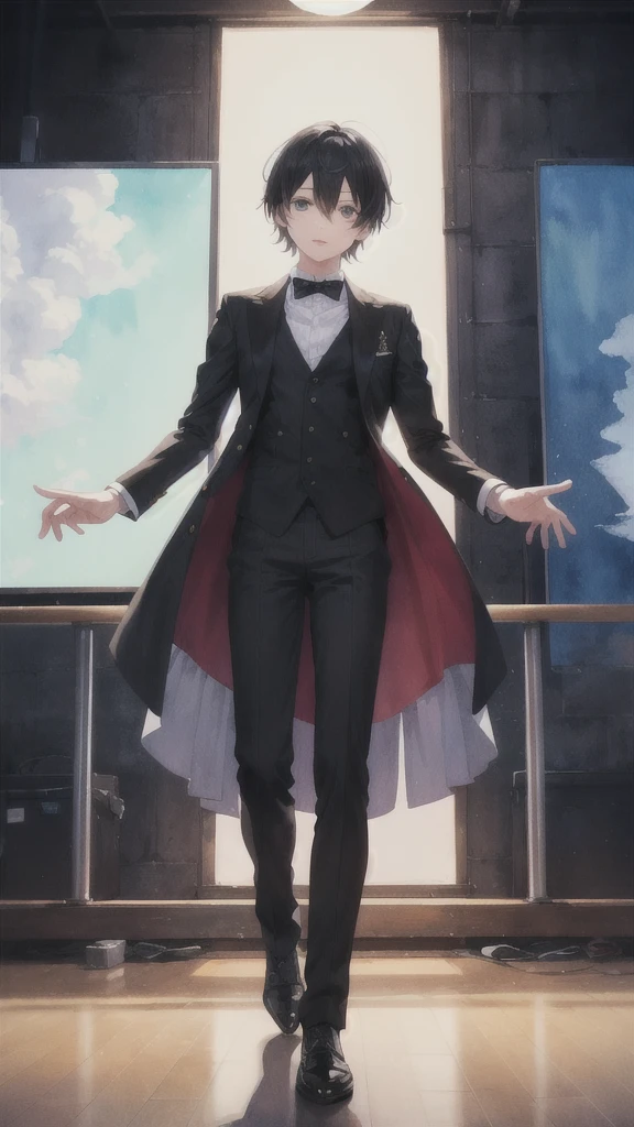 masterpiece、Highest quality、Movie stills、One Boy、solo、Male Focus、Staring at the audience、Depth of written boundary、(Watercolor illustration、Soft pastel colors:1.1)、L_LawLiet、Black Hair、black eye、Suit pants、steampunk、Half white and half black hair、Two-tone hair、Black and white hair
