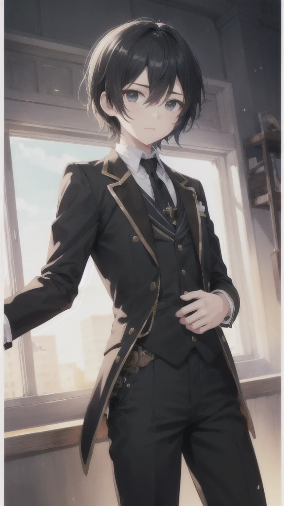 masterpiece、Highest quality、Movie stills、One Boy、solo、Male Focus、Staring at the audience、Depth of written boundary、(Watercolor illustration、Soft pastel colors:1.1)、L_LawLiet、Black Hair、black eye、Suit pants、steampunk、Half white and half black hair、Two-tone hair、Black and white hair