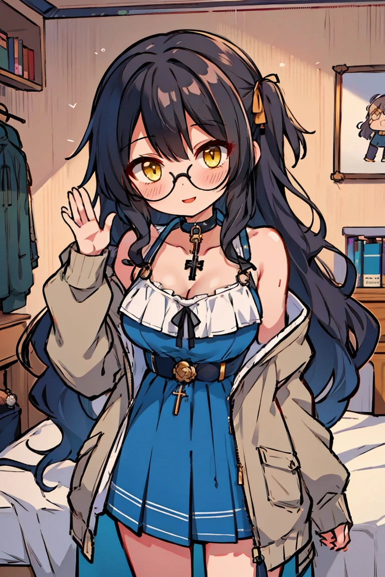 (masterpiece:1.2), (high quality:1.2), (hui xiyi:0.7), rekkyo sensen, rekkyou sensen, girls with((1girl, solo, black hair, yellow eyes, short eyebrow, (wavy long hair, one side up:1.55), glasses, blush, breasts, choker, cleavage, coat, cowboy shot, blue rose dress, navy dress, ribbon waist belt, collar, collarbone, rosary, rosary choker, cross, fur, khaki hoodie, green hoodie, hood down, hooded coat, hooded jacket, hoodie, jacket, large breasts, long hair, long sleeves, medium breasts, open clothes, open coat,open hoodie, sleeveless, winter clothes, zipper, cleavage, upper body, (hand up:1.3), waving, palm)), background with((bedroom, room:2.0))