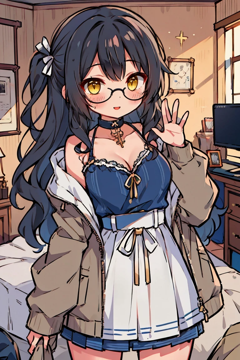 (masterpiece:1.2), (high quality:1.2), (hui xiyi:0.7), rekkyo sensen, rekkyou sensen, girls with((1girl, solo, black hair, yellow eyes, short eyebrow, (wavy long hair, one side up:1.55), glasses, blush, breasts, choker, cleavage, coat, cowboy shot, blue rose dress, navy dress, ribbon waist belt, collar, collarbone, rosary, rosary choker, cross, fur, khaki hoodie, green hoodie, hood down, hooded coat, hooded jacket, hoodie, jacket, large breasts, long hair, long sleeves, medium breasts, open clothes, open coat,open hoodie, sleeveless, winter clothes, zipper, cleavage, upper body, (hand up:1.3), waving, palm)), background with((bedroom, room:2.0))