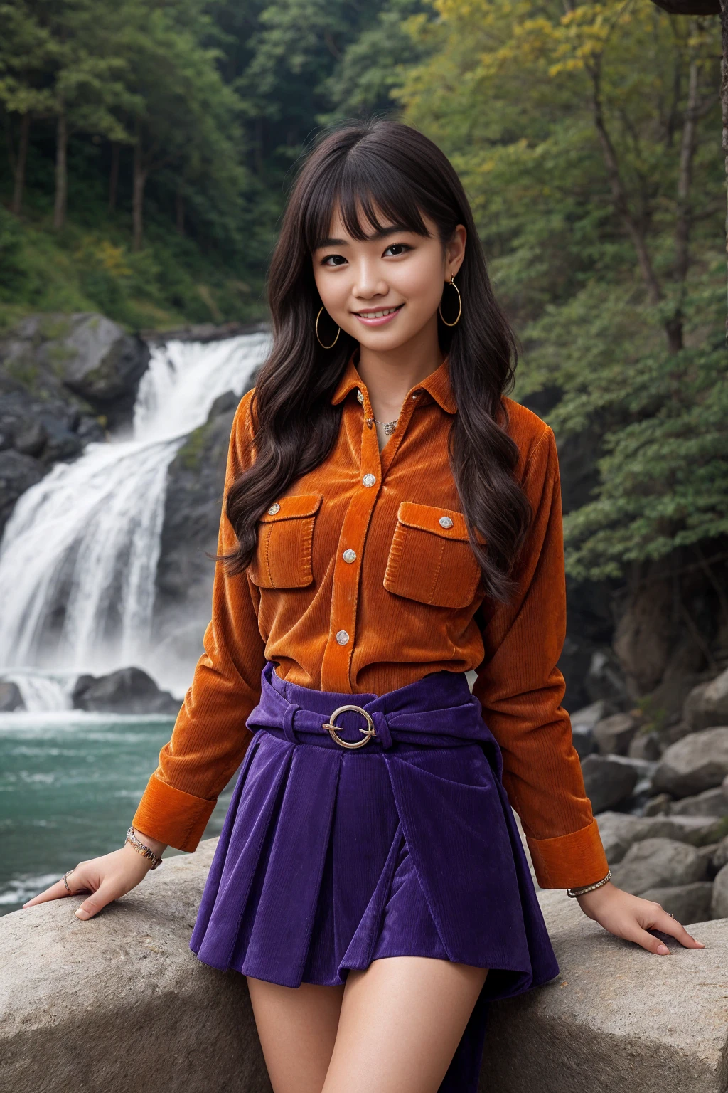 Half-length glamour portrait, nikon D850, f1.6 lens, 200mm, DSLR, 22 Megapixels, (((Majestic waterfall scene))), shot of a stunning 19 years old korean girl, (smile:1.4), (wearing Vivid orange Corduroy skirt with Medium purple chambray shirt:1.6), ((seductive pose)), hot girl, (((big natural breasts))), (((black fringe hair))), (small girl), symmetrical face, photorealistic, photography, (bright natural lighting), gorgeous, deep cleavage, (masterpiece), best quality, high resolution, extremely detailed, cinematic lighting, (((very narrow waist))), rich colors, hyper realistic, lifelike texture, ((jewelry)), (((She has beautiful hands and wears rings))), (bracelet), (necklace), (ankle chain), (nail polish) (earrings), Fuji Superia 200, 8k