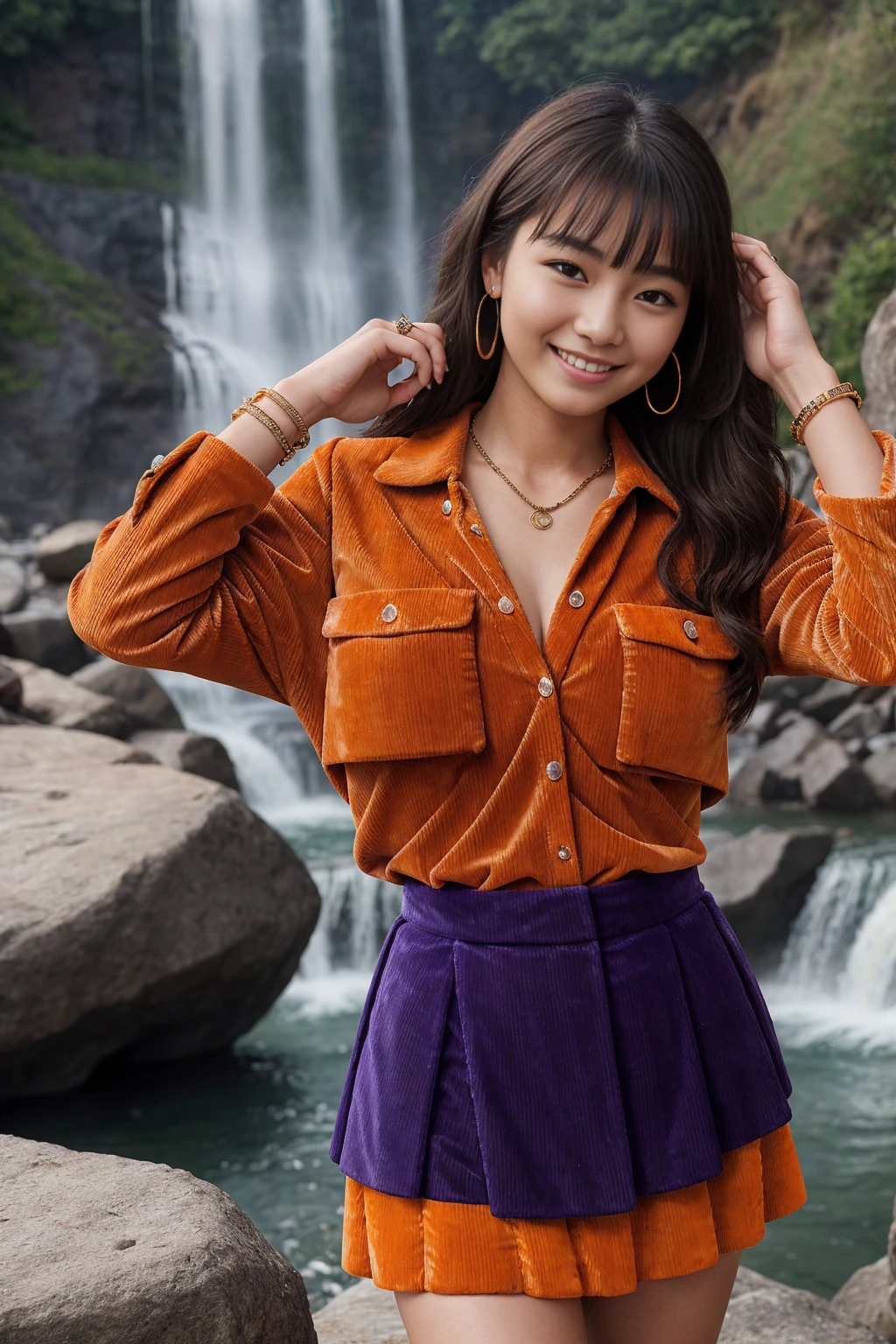 Half-length glamour portrait, nikon D850, f1.6 lens, 200mm, DSLR, 22 Megapixels, (((Majestic waterfall scene))), shot of a stunning 19 years old korean girl, (smile:1.4), (wearing Vivid orange Corduroy skirt with Medium purple chambray shirt:1.6), ((seductive pose)), hot girl, (((big natural breasts))), (((black fringe hair))), (small girl), symmetrical face, photorealistic, photography, (bright natural lighting), gorgeous, deep cleavage, (masterpiece), best quality, high resolution, extremely detailed, cinematic lighting, (((very narrow waist))), rich colors, hyper realistic, lifelike texture, ((jewelry)), (((She has beautiful hands and wears rings))), (bracelet), (necklace), (ankle chain), (nail polish) (earrings), Fuji Superia 200, 8k
