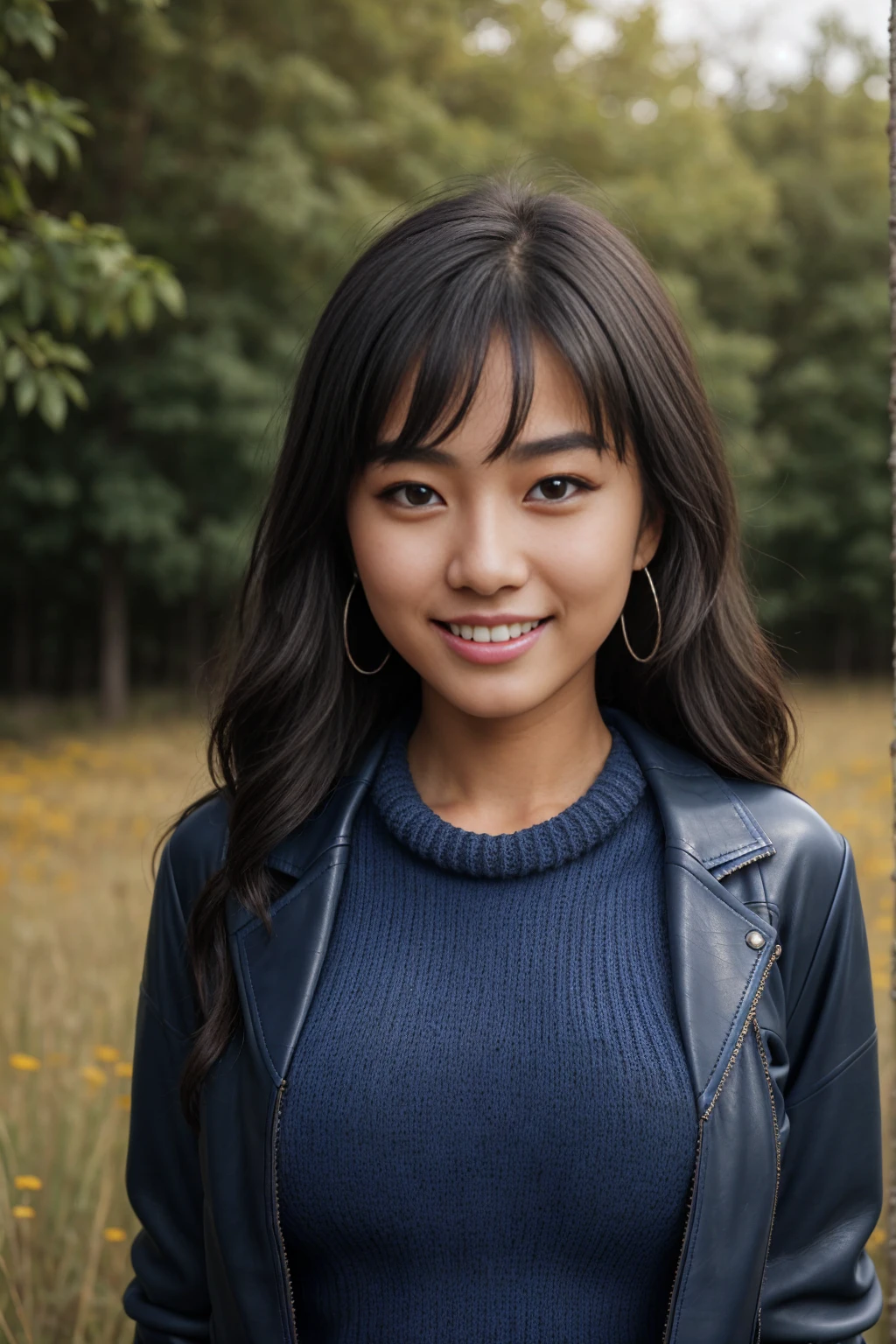 Half-length glamour portrait, nikon D850, f1.6 lens, 200mm, DSLR, 22 Megapixels, (((Verdant meadow scene))), shot of a stunning 19 years old korean girl, (smile:1.4), (wearing navy blue Leather jacket with Imperial blue knit sweater dress:1.6), ((seductive pose)), hot girl, (((big natural breasts))), (((black fringe hair))), (small girl), symmetrical face, photorealistic, photography, (bright natural lighting), gorgeous, deep cleavage, (masterpiece), best quality, high resolution, extremely detailed, cinematic lighting, (((very narrow waist))), rich colors, hyper realistic, lifelike texture, ((jewelry)), (((She has beautiful hands and wears rings))), (bracelet), (necklace), (ankle chain), (nail polish) (earrings), Fuji Superia 200, 8k
