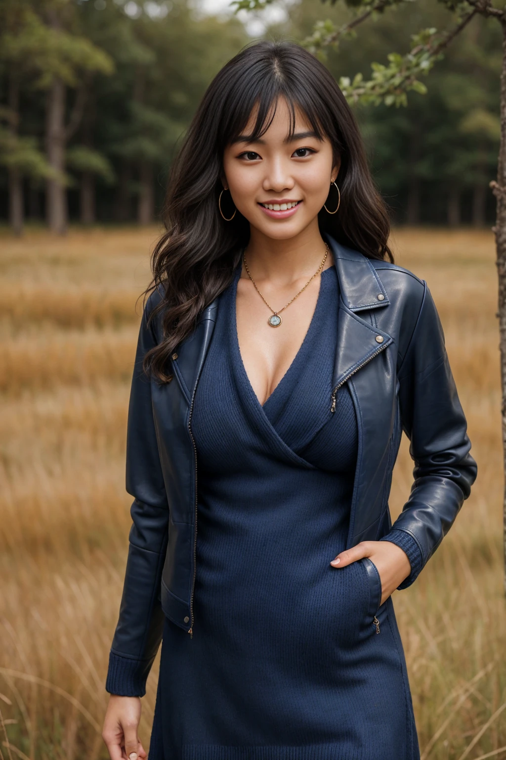 Half-length glamour portrait, nikon D850, f1.6 lens, 200mm, DSLR, 22 Megapixels, (((Verdant meadow scene))), shot of a stunning 19 years old korean girl, (smile:1.4), (wearing navy blue Leather jacket with Imperial blue knit sweater dress:1.6), ((seductive pose)), hot girl, (((big natural breasts))), (((black fringe hair))), ( girl), symmetrical face, photorealistic, photography, (bright natural lighting), gorgeous, deep cleavage, (masterpiece), best quality, high resolution, extremely detailed, cinematic lighting, (((very narrow waist))), rich colors, hyper realistic, lifelike texture, ((jewelry)), (((She has beautiful hands and wears rings))), (bracelet), (necklace), (ankle chain), (nail polish) (earrings), Fuji Superia 200, 8k
