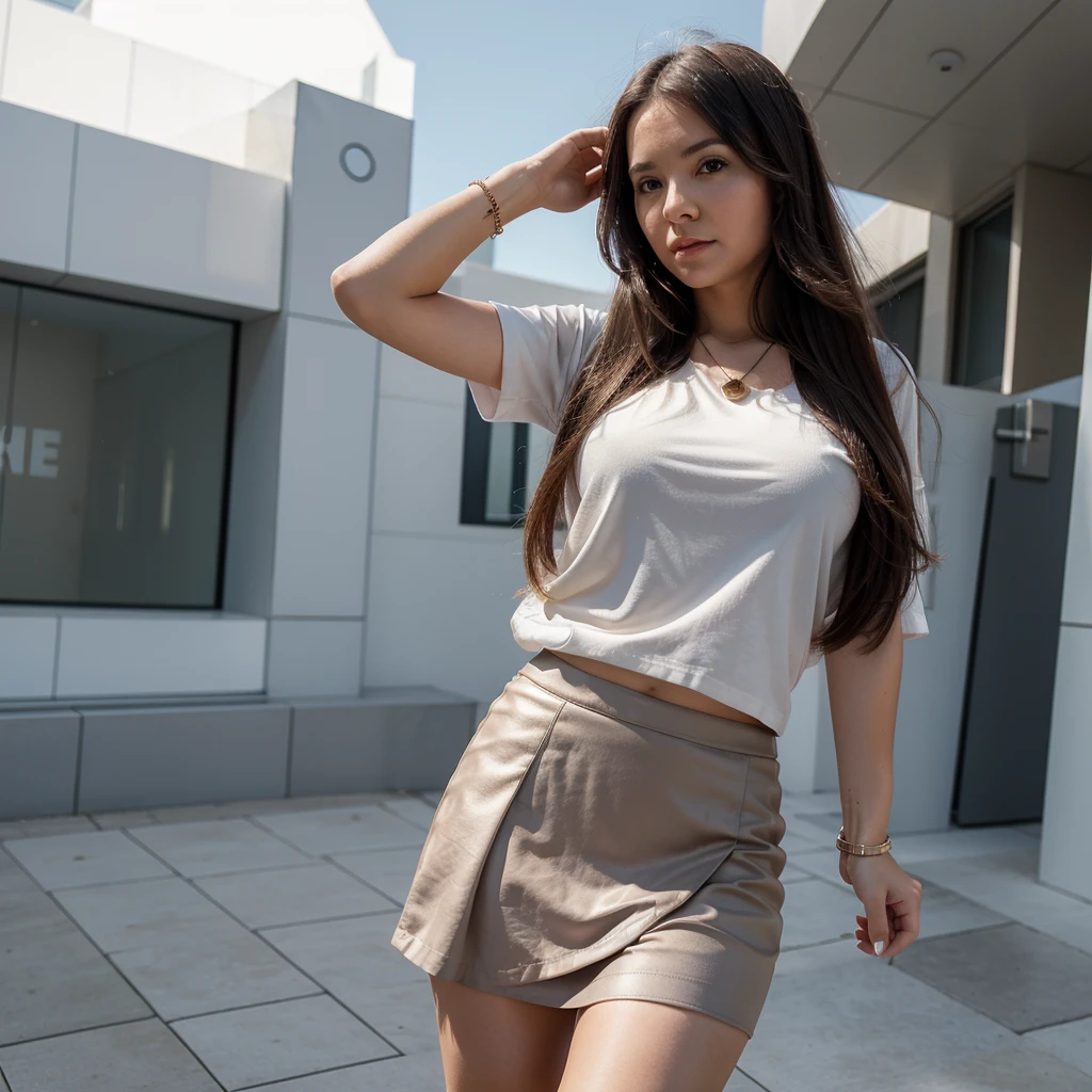 1girl in, 30 years old, Square face, Long hair, Looking at viewer, jewelry, Reality, Sexy, Short skirt outfit, sky background , free pose