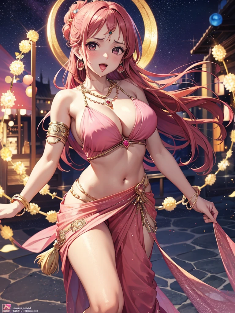 (absurderes, A high resolution, Ultra detailed, hdr), Masterpiece, Best quality, Indian  ,nami, extreme realistic very beautiful, animated style, full body shot, anime in a(((pink))) indian dress transparent (((saree))), head jewellery, necklace, earings, armlets, bangles and bracelets, rings, pleasant expression, natural beauty,night sky, vintage aesthetic,big breast,navel, cleavage ,standing ,open mouth,saliva,tongue out,face on front,drools,red lip,huge breast