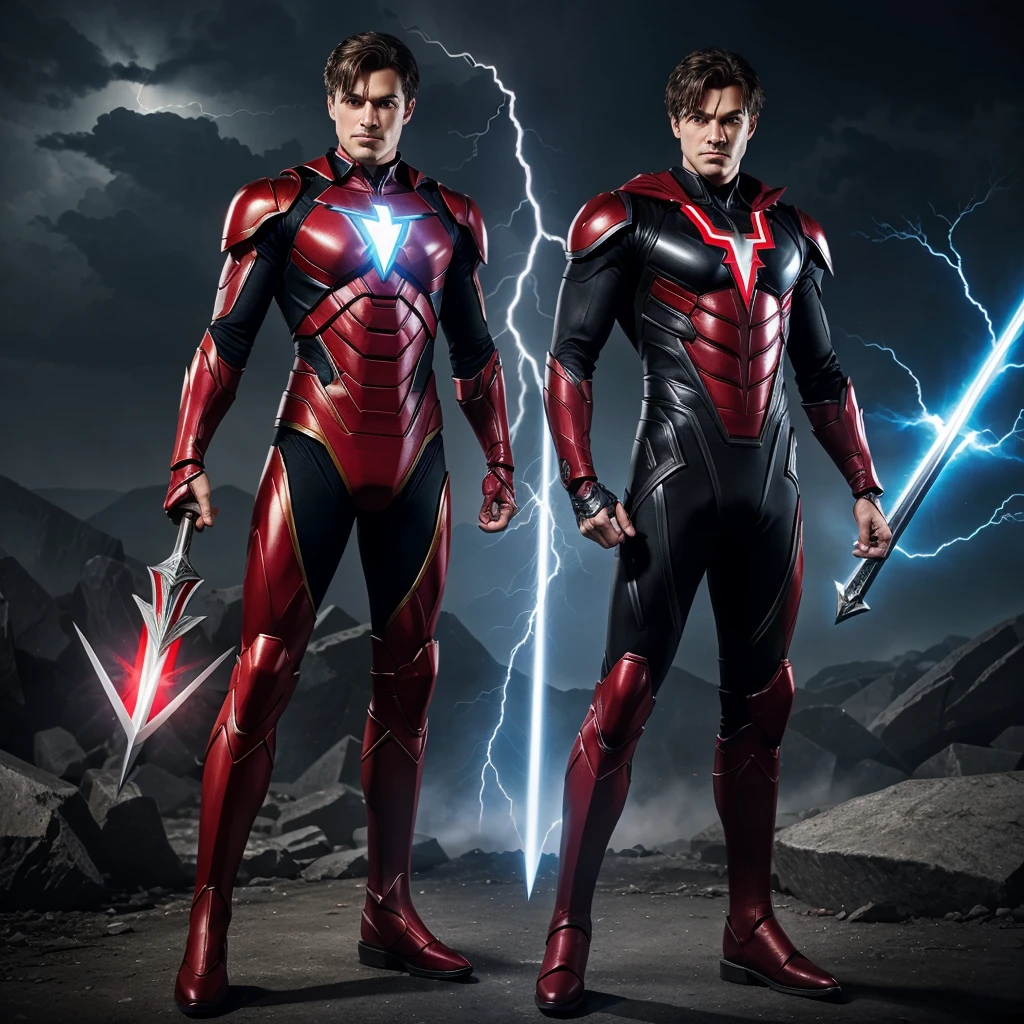 Create a man superhero suit with magic power and lightning power and flying power with a powerful sword and black and red combo suit and red eye mechanical suit full body image