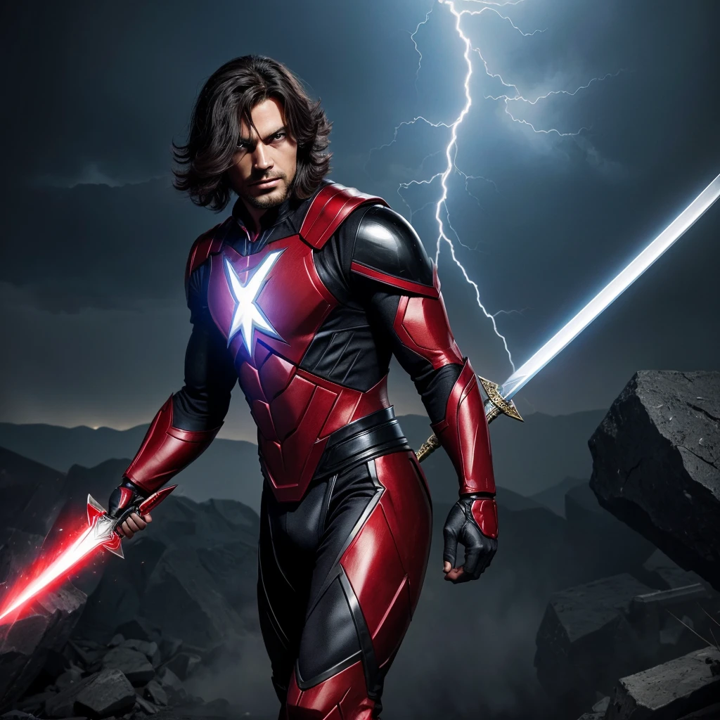 Create a man superhero suit with magic power and lightning power and flying power with a powerful sword and black and red combo suit and red eye mechanical suit full body image 