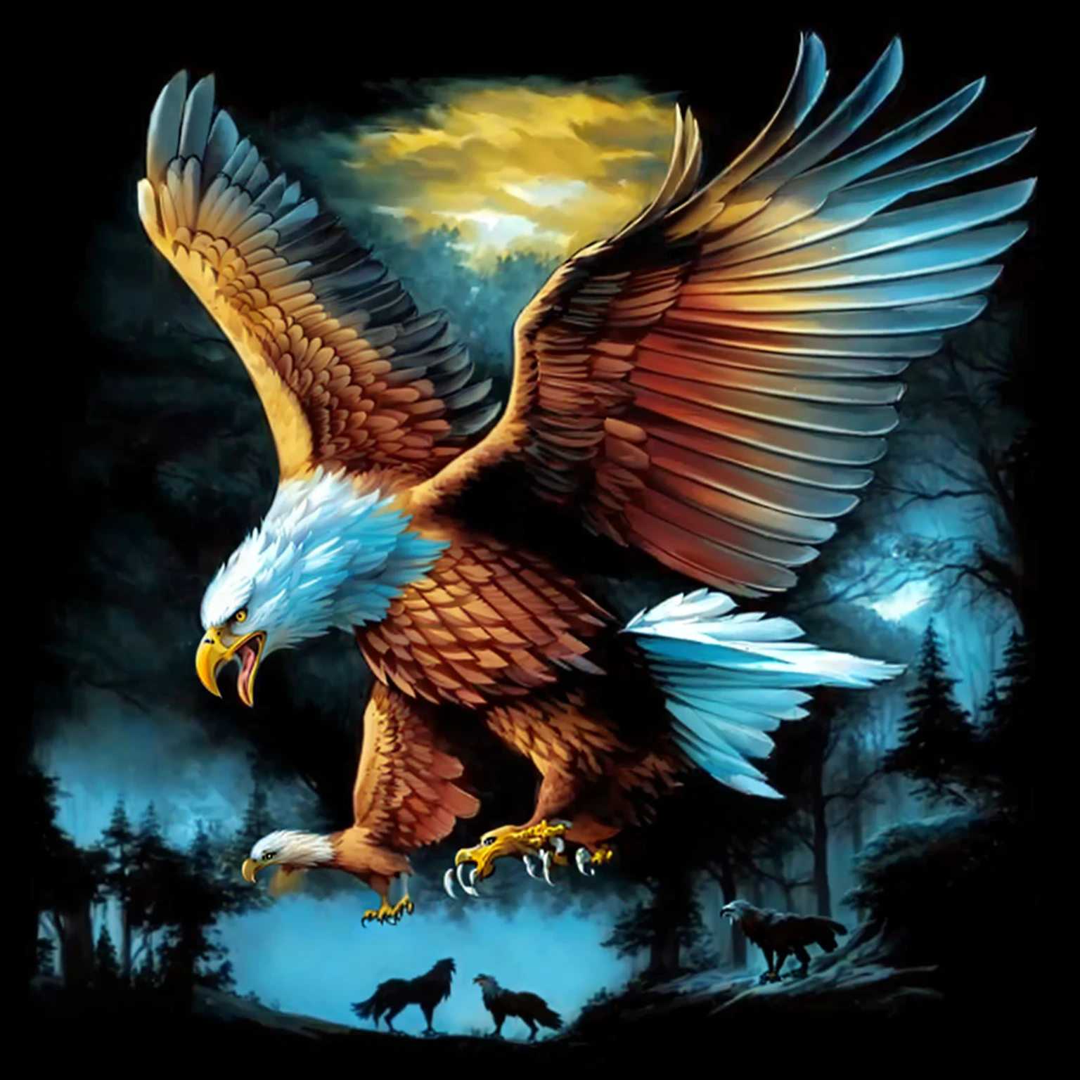 a painting of an eagle flying over a forest with a wolf, an eagle, eagle wings, eagle, a full-color airbrushed, an eagle flying, with an eagle emblem, by Joe Jusko, inspired by Joe Jusko, eagles, inspired by Alex Horley, eagle logo, by Ron Walotsky, by Alex Horley-Orlandelli