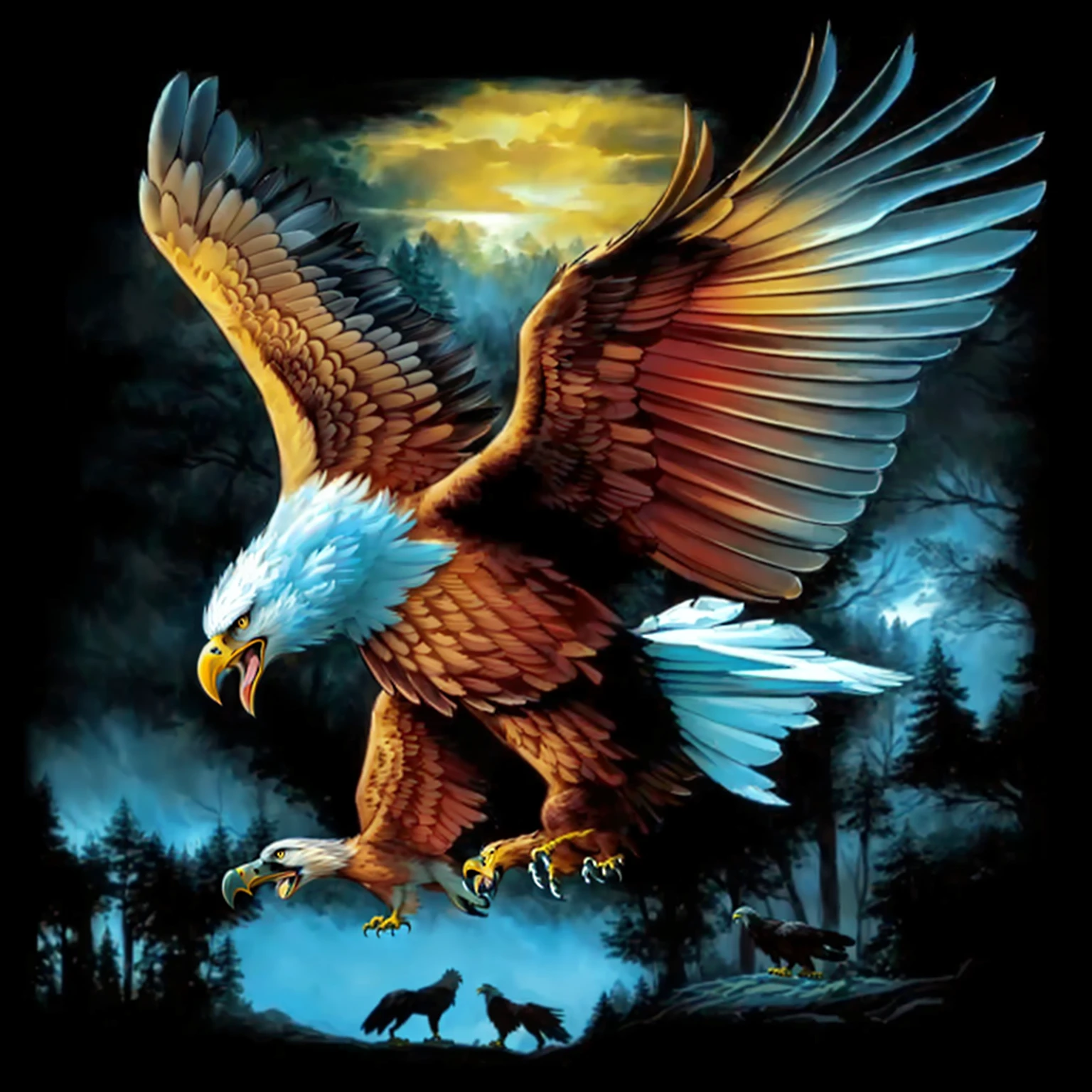 a painting of an eagle flying over a forest with a wolf, an eagle, eagle wings, eagle, a full-color airbrushed, an eagle flying, with an eagle emblem, by Joe Jusko, inspired by Joe Jusko, eagles, inspired by Alex Horley, eagle logo, by Ron Walotsky, by Alex Horley-Orlandelli