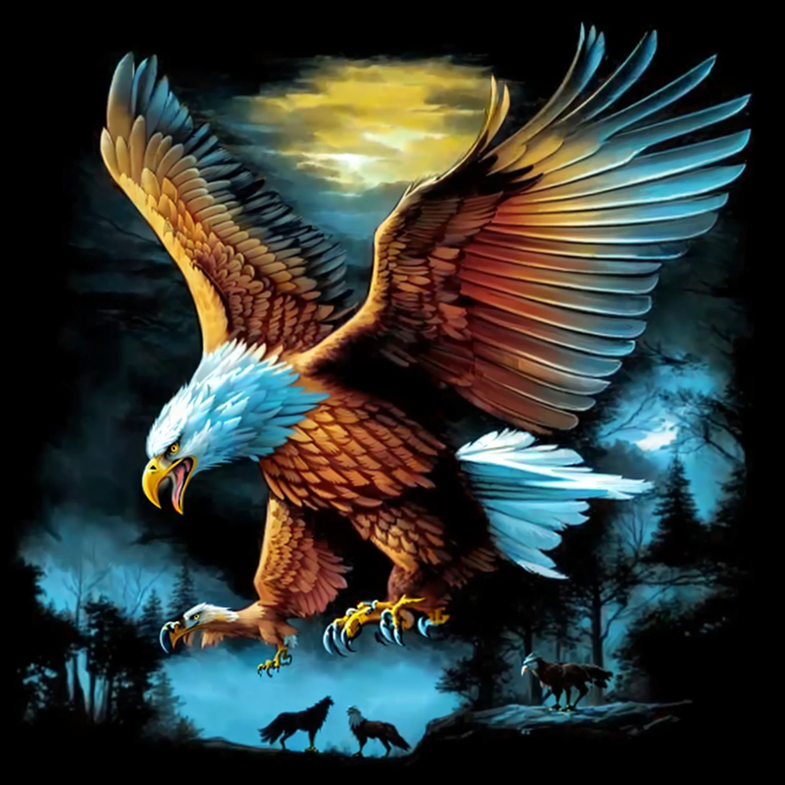 a painting of an eagle flying over a forest with a wolf, an eagle, eagle wings, eagle, a full-color airbrushed, an eagle flying, with an eagle emblem, by Joe Jusko, inspired by Joe Jusko, eagles, inspired by Alex Horley, eagle logo, by Ron Walotsky, by Alex Horley-Orlandelli