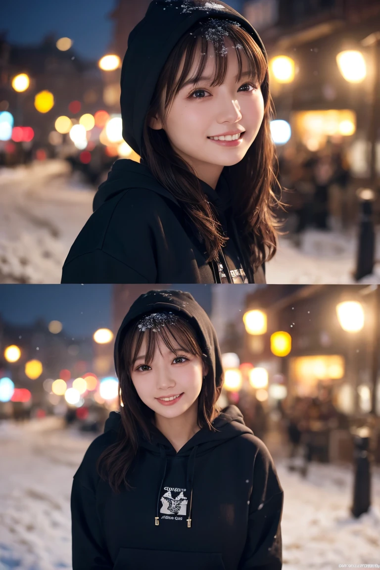 1 Girl, (Wear a black hoodie:1.2), (RAW Photos, highest qualthaty), (Realistic, Realistic:1.4), Tabletop, Very delicate and beautiful, Very detailed, 2k wallpaper, wonderful, finely, Very detailed CG Unthaty 8K 壁紙, Very detailed, High resolution, Soft Light, Beautiful detailed girl, Very detailed目と顔, Beautiful and sophisticated nose, finelyて美しい目, Cinema Lighting, Illuminations that light up the cthaty on a snowy night, Snow Scene, that&#39;that&#39;that&#39;it&#39;s snowing, Snow fell in my hair, Perfect Anatomy, Slender body, Was nervous, 
Straight semi-long hair, bangs, Looking at the audience, smile、Fluffy scarf