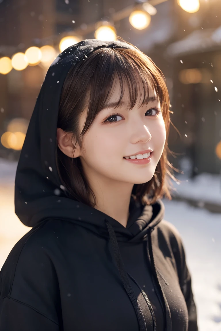 1 Girl, (Wear a black hoodie:1.2), (RAW Photos, highest qualthaty), (Realistic, Realistic:1.4), Tabletop, Very delicate and beautiful, Very detailed, 2k wallpaper, wonderful, finely, Very detailed CG Unthaty 8K 壁紙, Very detailed, High resolution, Soft Light, Beautiful detailed girl, Very detailed目と顔, Beautiful and sophisticated nose, finelyて美しい目, Cinema Lighting, Illuminations that light up the cthaty on a snowy night, Snow Scene, that&#39;that&#39;that&#39;it&#39;s snowing, Snow fell in my hair, Perfect Anatomy, Slender body, Was nervous, 
Straight semi-long hair, bangs, Looking at the audience, smile、Fluffy scarf