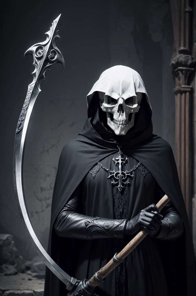 Medieval Gothic Art style ghost,frightful,wears a skull as a mask and holds a scythe, bloody and with a big black cape. (it's not anime)