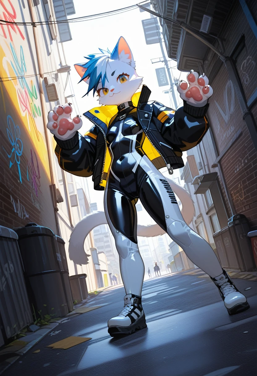 animation, Highest quality, Highest quality, High quality illustrations, masterpiece, Ultra-high resolution, Detailed Background, Alley, Graffiti art on the wall, Absurd, Perfect Anatomy, performance, Good lighting, Shadows in the movies(kemono, Furry PersonifiCation), Cat, White Rubber Suit, latex, neon, neonライト, neonカラー, Bodysuits, Cyber Suit, Leather Half Jacket, cyber punk, Dynamic Angle