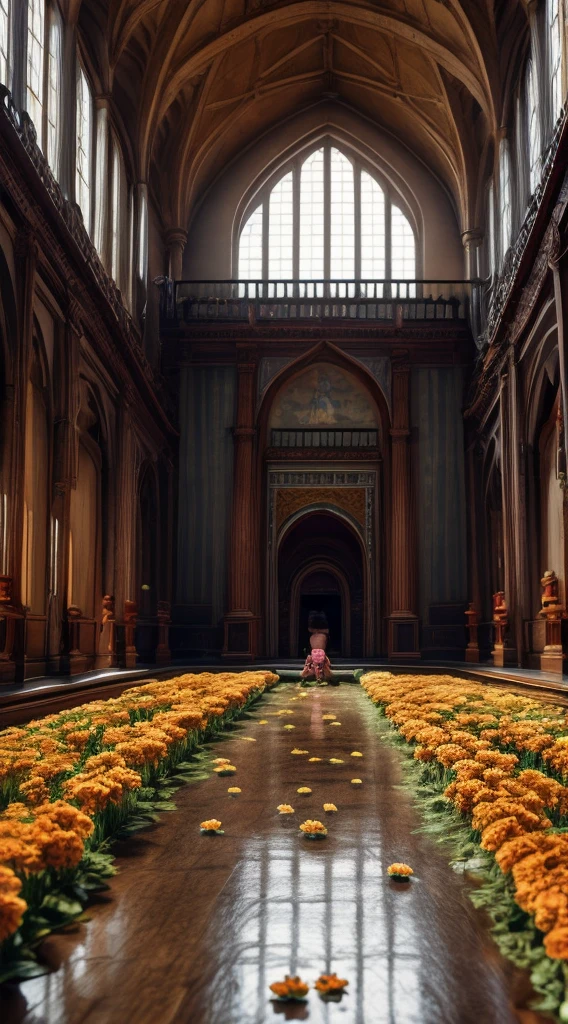 museum, the girl IN TE IMAGE photo is picking flowers in the field, throws flowers from the picture ON THE INSIDE TO FLOOR flowers fall out of the picture on the wall in the great hall of the museum