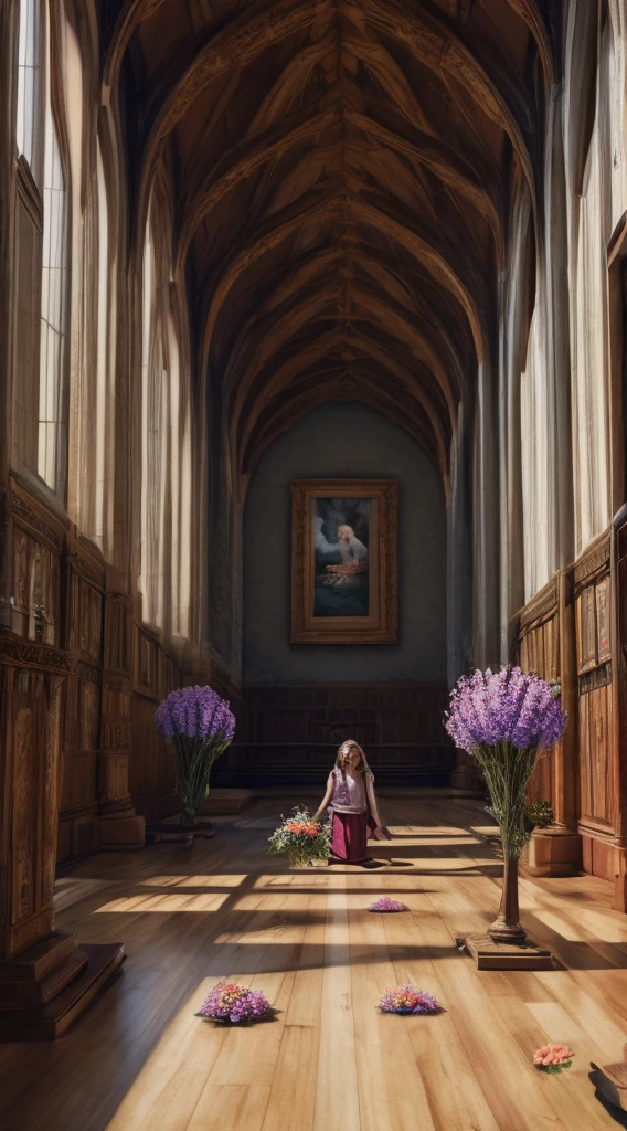 museum, the girl IN TE IMAGE photo is picking flowers in the field, throws flowers from the picture ON THE INSIDE TO FLOOR flowers fall out of the picture on the wall in the great hall of the museum
