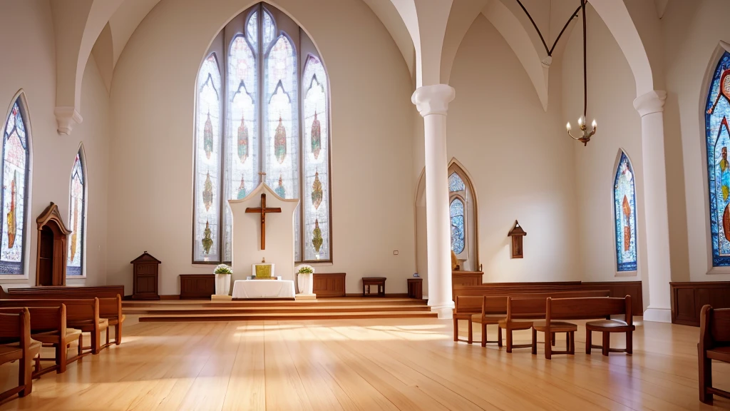 The image captures the altar of a simple church, highlighting its modest and welcoming atmosphere. The altar is adorned with a white tablecloth and some fresh flowers, bringing a touch of color and life to the space. Behind the altar, a wall painted white reflects the natural light that enters through the side windows, criando um ambiente sereno e espiritual. The floor is polished wood, completing the simplicity and beauty of the place of worship.