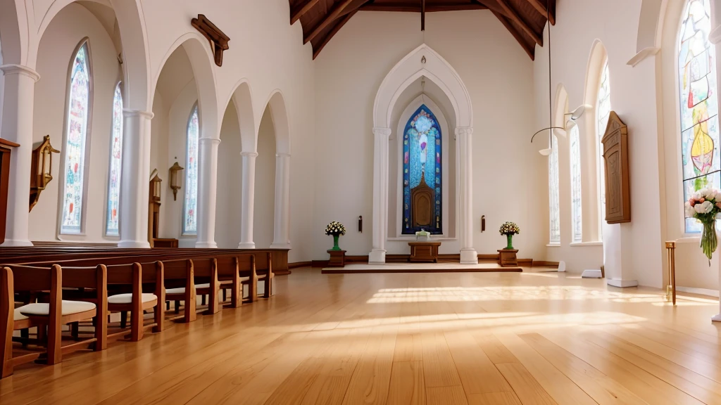 The image captures the altar of a simple church, highlighting its modest and welcoming atmosphere. The altar is adorned with a white tablecloth and some fresh flowers, bringing a touch of color and life to the space. Behind the altar, a wall painted white reflects the natural light that enters through the side windows, criando um ambiente sereno e espiritual. The floor is polished wood, completing the simplicity and beauty of the place of worship.