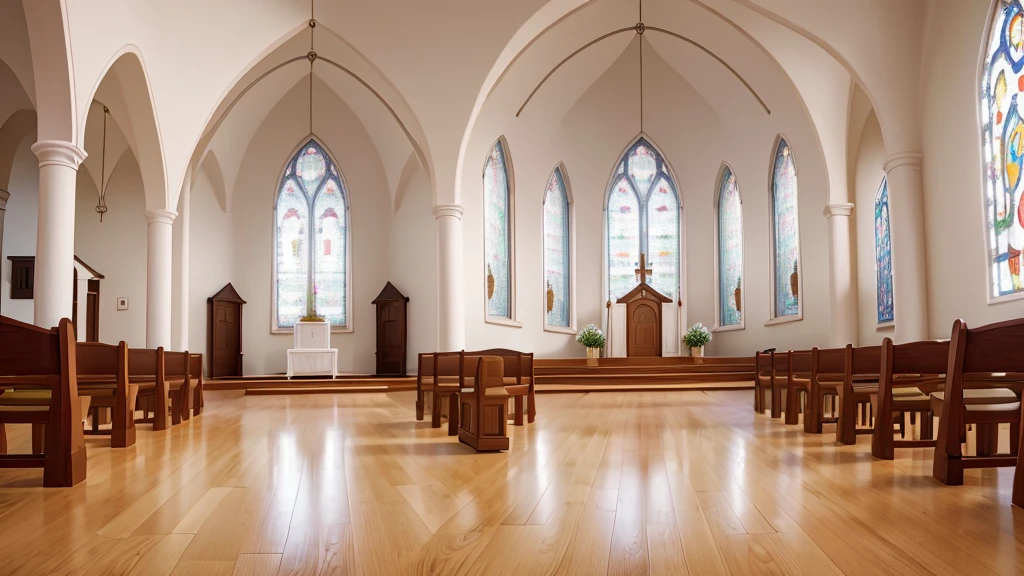 The image captures the altar of a simple church, highlighting its modest and welcoming atmosphere. The altar is adorned with a white tablecloth and some fresh flowers, bringing a touch of color and life to the space. Behind the altar, a wall painted white reflects the natural light that enters through the side windows, criando um ambiente sereno e espiritual. The floor is polished wood, completing the simplicity and beauty of the place of worship.