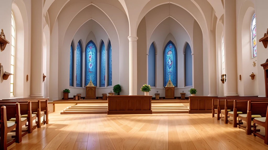 The image captures the altar of a simple church, highlighting its modest and welcoming atmosphere. The altar is adorned with a white tablecloth and some fresh flowers, bringing a touch of color and life to the space. Behind the altar, a wall painted white reflects the natural light that enters through the side windows, criando um ambiente sereno e espiritual. The floor is polished wood, completing the simplicity and beauty of the place of worship.