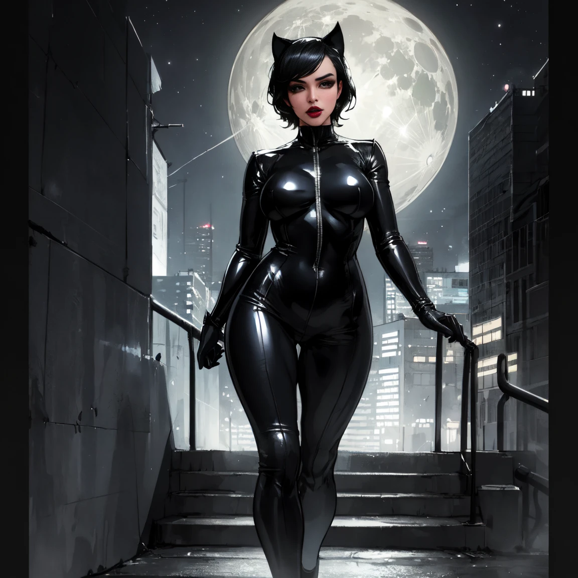 1girl, (solo), thighs, looking at viewer, Look directly, catwoman, catwoman, suit, short black hair, tight bodysuit, lipstick, covered legs, city, (night), white moon, (very sexy body, detailed face, masterpiece, highly detailed, 8k, best quality, vibrant colors, digital art, concept art)