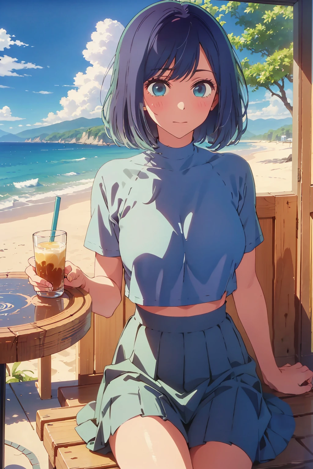 (Highest quality:1.4、masterpiece:1.4、Super detailed:1.4、8K:1.4)、((((1 person、Surprised expression、sit、Cafe Terrace、coastal、juice、table、Sandy Beach、juiceのグラスを持つ、Very soft boobs、Big eyes、Very cute face))))、F cup bust、Medium breast、Underboob