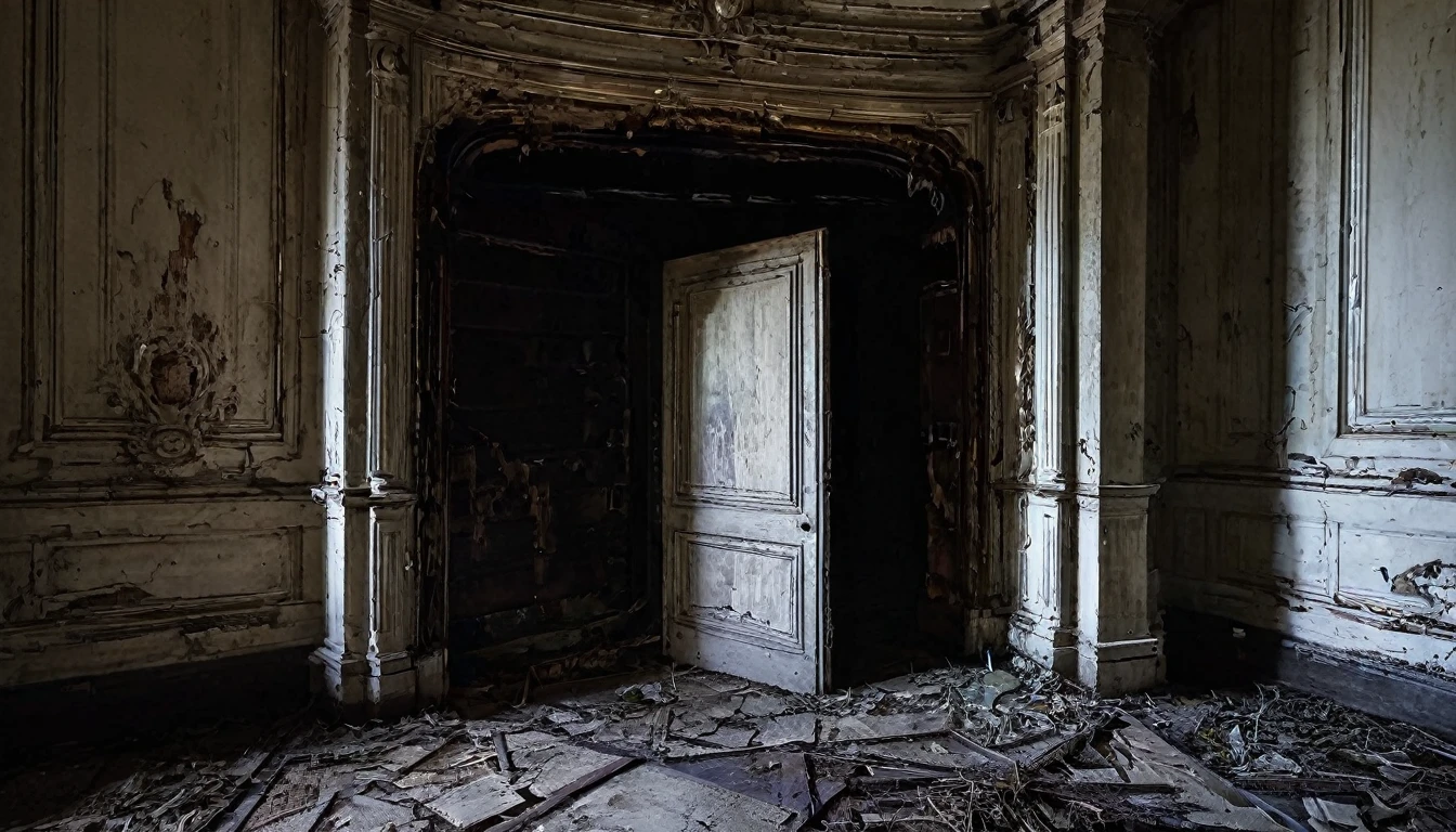 A hidden door in a decaying mansion slightly ajar, with darkness inside