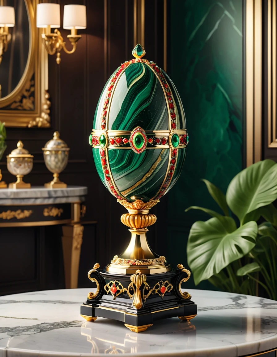 Full shot of an eliptical object (Faberge Egg, mix of Memory of Azov and Rosebud) with a highly detailed and intricate surface. The object is made of materials that resemble jewelry, marble or a similar type of stone and gemstone, with a variety of vibrant colors and patterns that include shades of orange, red, yellow and green, decorated in gold. The patterns are reminiscent of natural gemstones and marble, with swirling and striated patterns that give the object a luxurious and opulent look.The object is placed on a pedestal that has a decorative base, a rare piece of art. The pedestal made in ebony wood has a rich, dark color pattern. Soft and diffused lighting, highlighting the textures and colors of the object without creating harsh shadows. Luxurious living rooms in the background, sharp focus.Overall, the image presents a beautifully crafted piece that combines the natural beauty of jewelry and marble with the elegance of a luxury decorative object. Hyper-maximalist, raw photography, ultra-detailed photorealistic textures, artistic bokeh, featured on pixiv, cinematic composition, dynamic pose, beautiful lighting, sharp, details, hyper-detailed, Sony/Zeiss 90mm,f2.8,shutter speed of 1/500s,WLOP,HDR,8k,vray