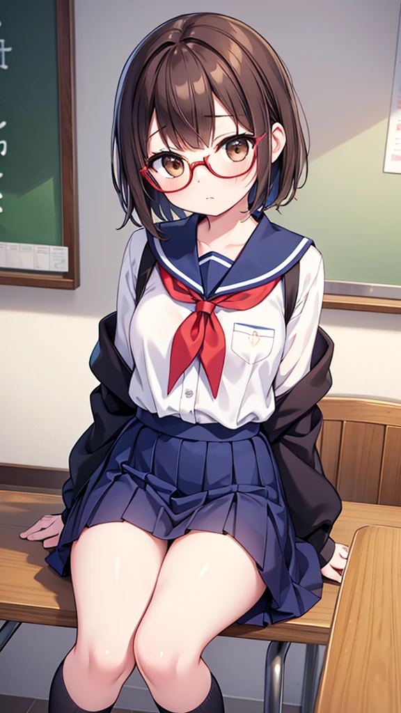 , KOUSAKA CHINA, HEADBAND, EYEWEAR,  white kneehighs, nude, flat chest,light smile, masterpiece, best quality, nude ,1girl, nfsw,vaginal,sex,woman on top,pussy, forced ass,sunlight, classroom,selfy,pov