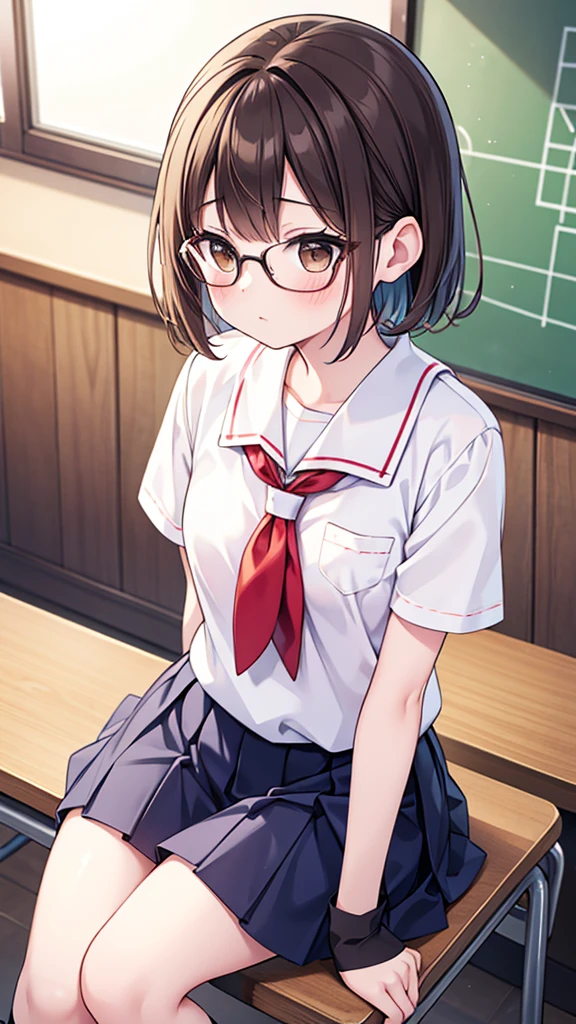 nichijo style、simple、Simple、mischief、Expectations、Shyness、Sit on a chair、School、classroom、Daytime、Cute girl , Steam rises around her, Shooting from below, One Girl, Brown Hair、Very short hair, Brown eyes、Red frame glasses、White blouse, Navy Blue Skirt, Navy blue socks, Brown Loafers, White panties、Thin legs、Small breasts, Highest quality, 4K, 8K, High resolution, masterpiece:1.2, Very detailed, Realistic, photoRealistic, photo-Realistic:1.37, High resolution, 超High resolution, Studio Lighting, Ultra-fine painting, Sharp focus, Physically Based Rendering, Very detailed説明, Professional, Vibrant colors, Bokeh