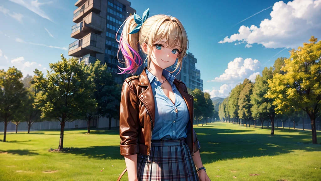 1girl, solo, ((full body)), summer, village, trees, sun, clouds, ((colorful hair)), side ponytail, large breasts, ((brown leather jacket)), button down shirt, ((blue checked shirt)), ((unbuttoned shirt)), unbuttoning buttons, cleavage 1:3 green eyes, grey skirt, smile, happy, looking at the viewer, standing, hair ribbon, golden necklate