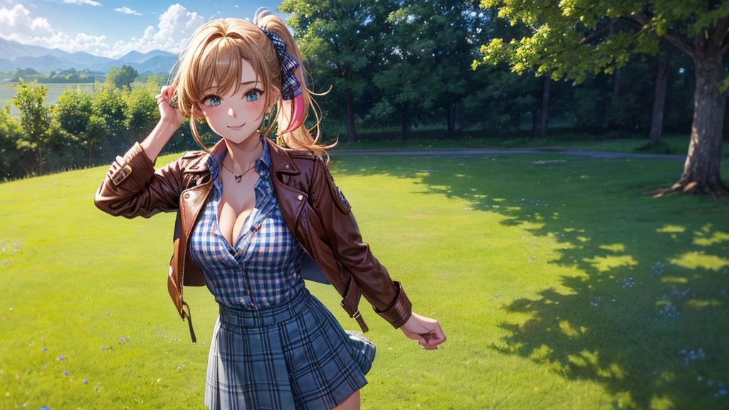 1girl, solo, ((full body)), summer, village, trees, sun, clouds, ((colorful hair)), side ponytail, large breasts, ((brown leather jacket)), button down shirt, ((blue checked shirt)), ((unbuttoned shirt)), unbuttoning buttons, cleavage 1:3 green eyes, grey skirt, smile, happy, looking at the viewer, standing, hair ribbon, golden necklate