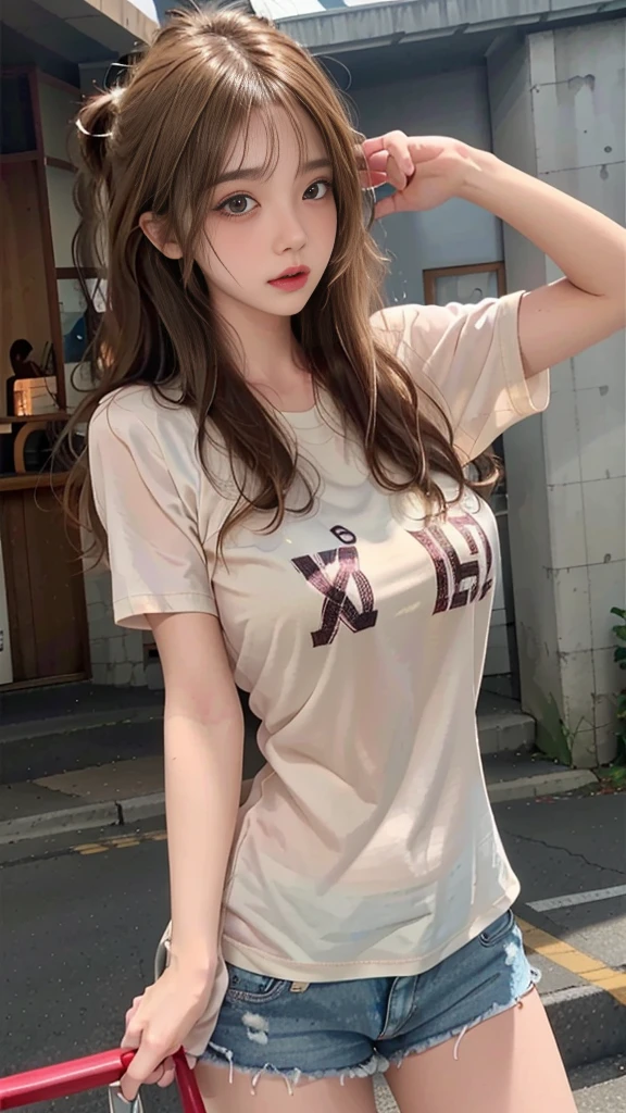 (1girl),large breasts, breasts, tan, dewy skin, sweaty skin, wavy blonde hair, punk tshirt, punk girl