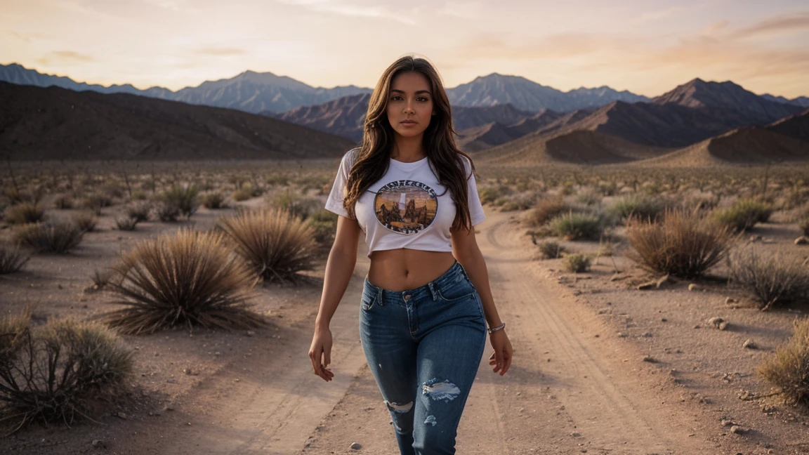 a beautiful colombia woman, Walking in the Mojave Desert, enges T-Shirt, long brown hair, photorealestic, then, skinny destroy jeans, big big xxl breast , big big xxl ass, details, sunset, very large breasts, Slim body, low sneaker