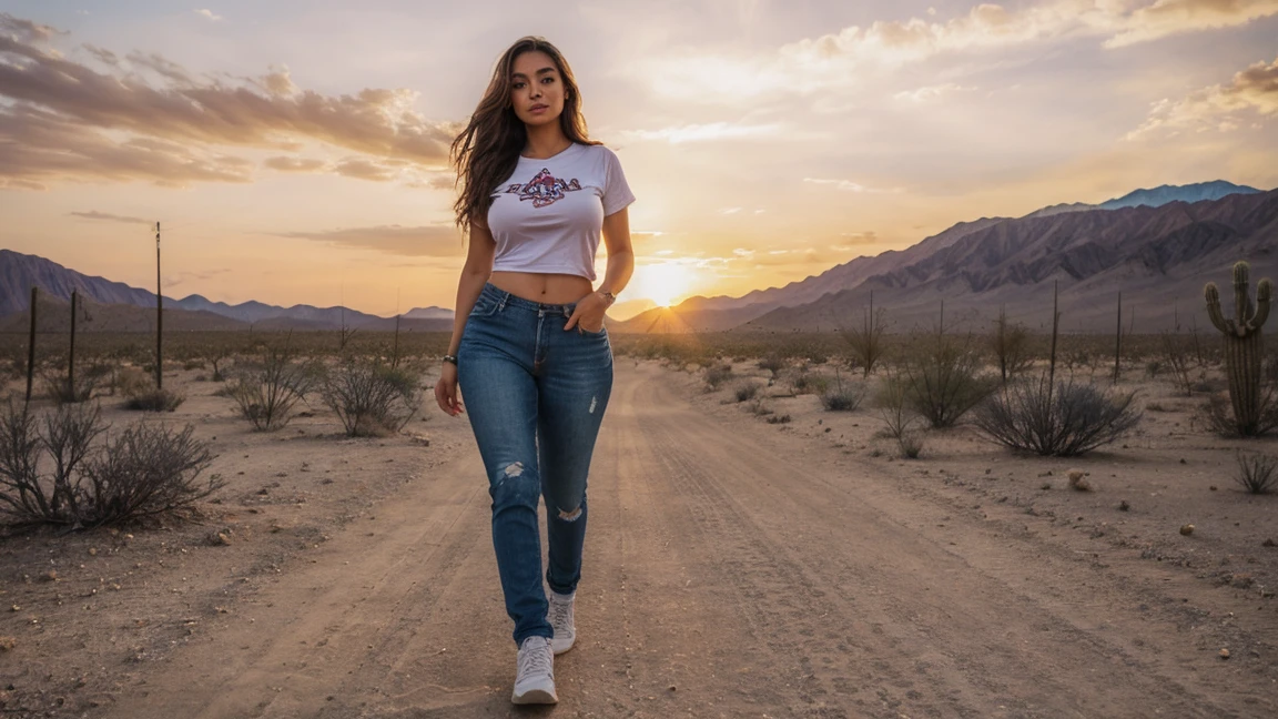 a beautiful colombia woman, Walking in the Mojave Desert, enges T-Shirt, long brown hair, photorealestic, then, skinny destroy jeans, big big xxl breast  , big big xxl ass, details, sunset, very large breasts, Slim body, low sneaker