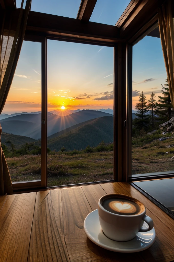 beautiful sunrise at a hiking hut with a cup of coffee