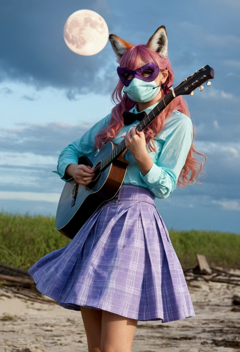 (1girl, koko), (guitar solo), bubble skirt, aqua shirt, bow, bowtie, buttons, collared shirt, expressionless, eyebrows hidden by hair, fox mask, cowboy shot, long hair, long sleeves, mask, multicolored buttons, pink eyes, pink hair, orange skirt, plaid, plaid shirt, purple bow, purple bowtie, shirt, skirt, solo, very long hair, sea, ocean, beach, cloudy, sunrays, dusk, moon, cloud, sky, outdoors, cloudy sky, leaf, ruins, sunbeam, post-apocalypse, side view naked dick