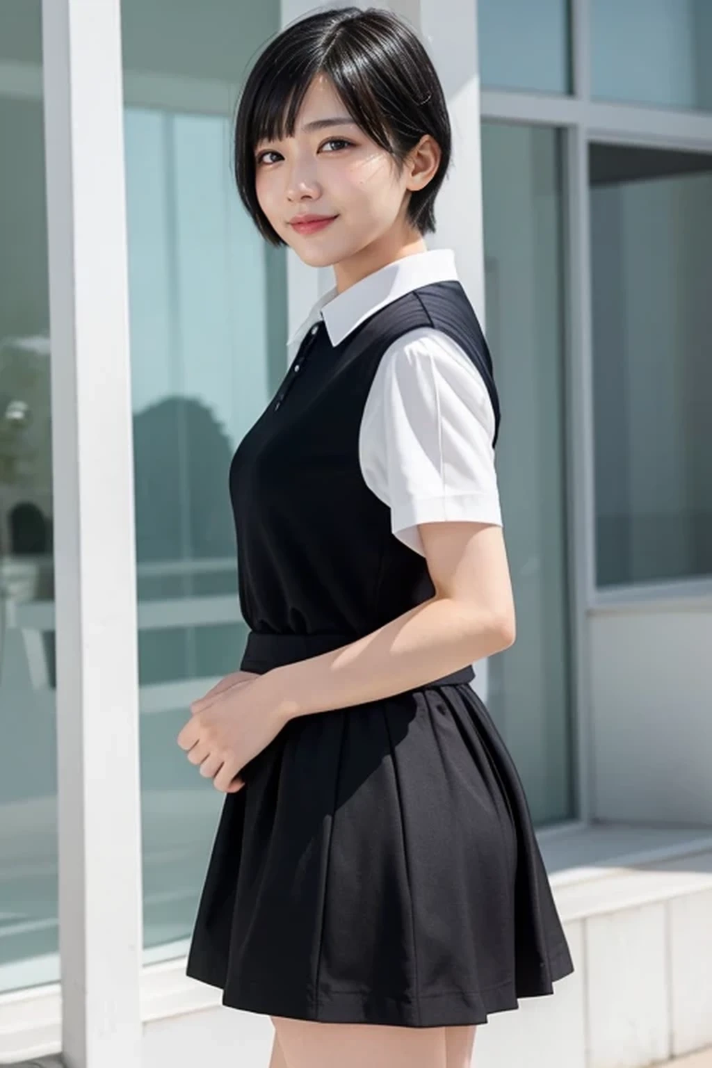 one girl, , 8k, RAW photo, best quality, masterpiece, realistic, photo-realistic, clear, professional lighting, BREAK, no makeup, smile, (looking back:1.2), (black eyes, black hair:1.2), (short cut hair:1.3), full body, BREAK, box pleat school skirt, white shirt, BREAK, standing, navy color skirt, BREAK, knee length skirt