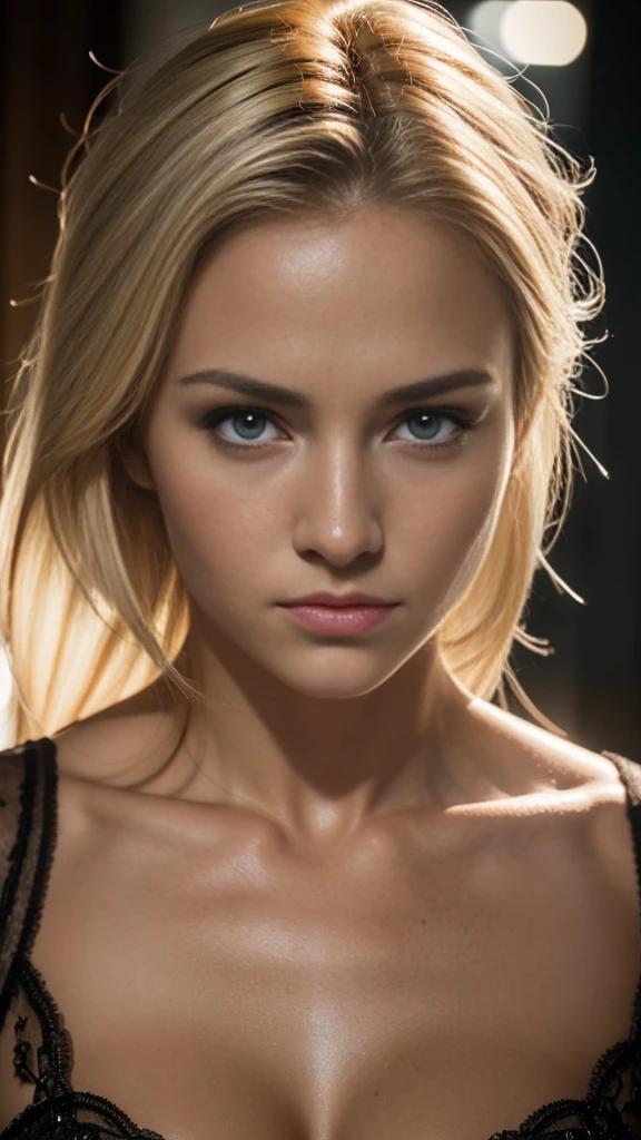 beautiful female, blonde, detailed eyes, oily skin, intricate muscle definition, cinematic composition, hyper-realistic, award-winning photography, 8k, photorealistic