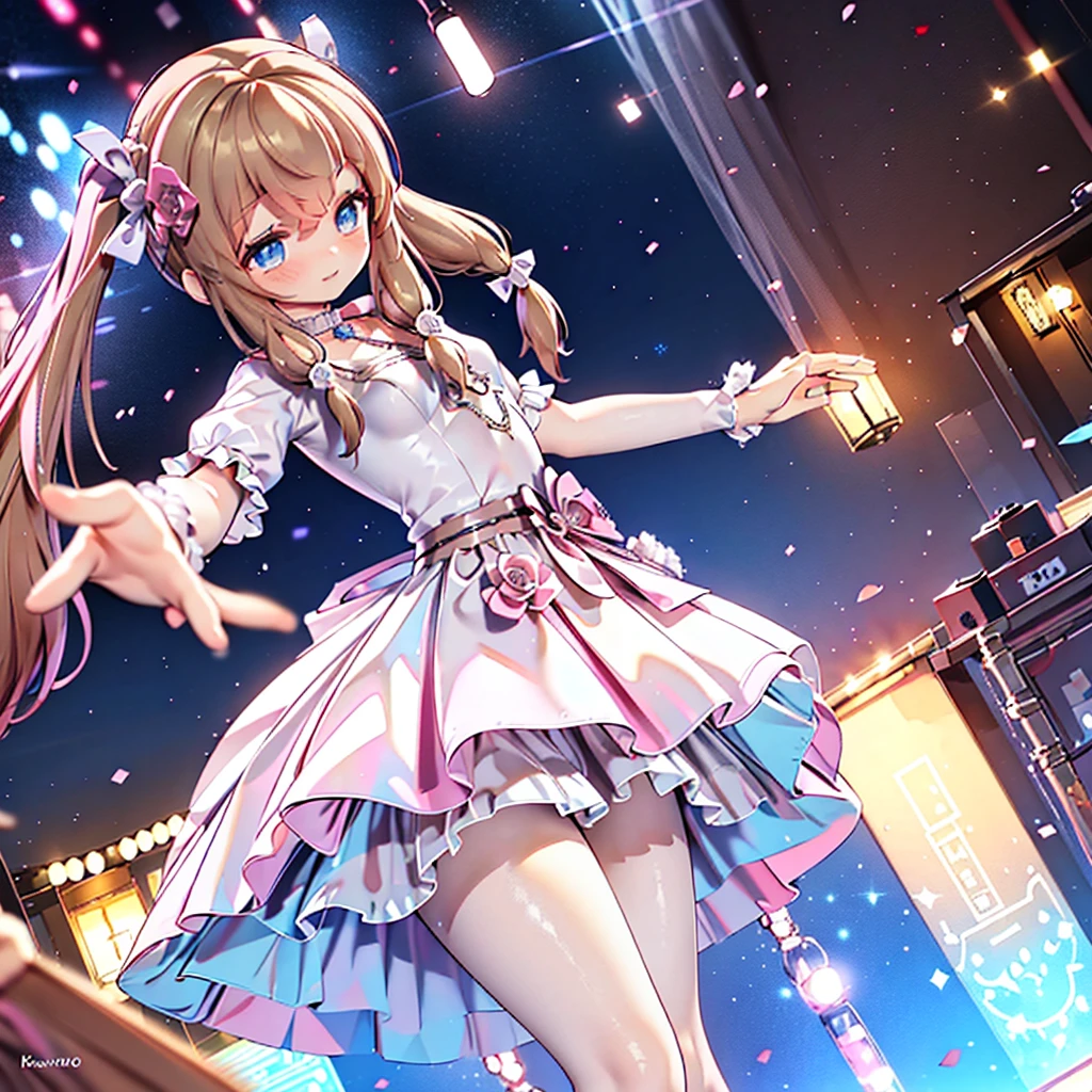 Solo girl, comical, kawaii, Blue eyes, light brown hair, back high twintails, front braids, princess dress, smile, front view, dance at the stage, neon and led lights, posing, sexy, high-resolution image, masterpiece, high quality, attractive eyes, ((dutch angle))