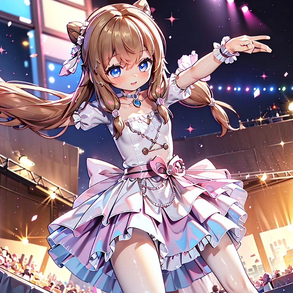 Solo girl, comical, kawaii, Blue eyes, light brown hair, back high twintails, front braids, princess dress, smile, front view, dance at the stage, neon and led lights, posing, sexy, high-resolution image, masterpiece, high quality, attractive eyes, ((dutch angle))