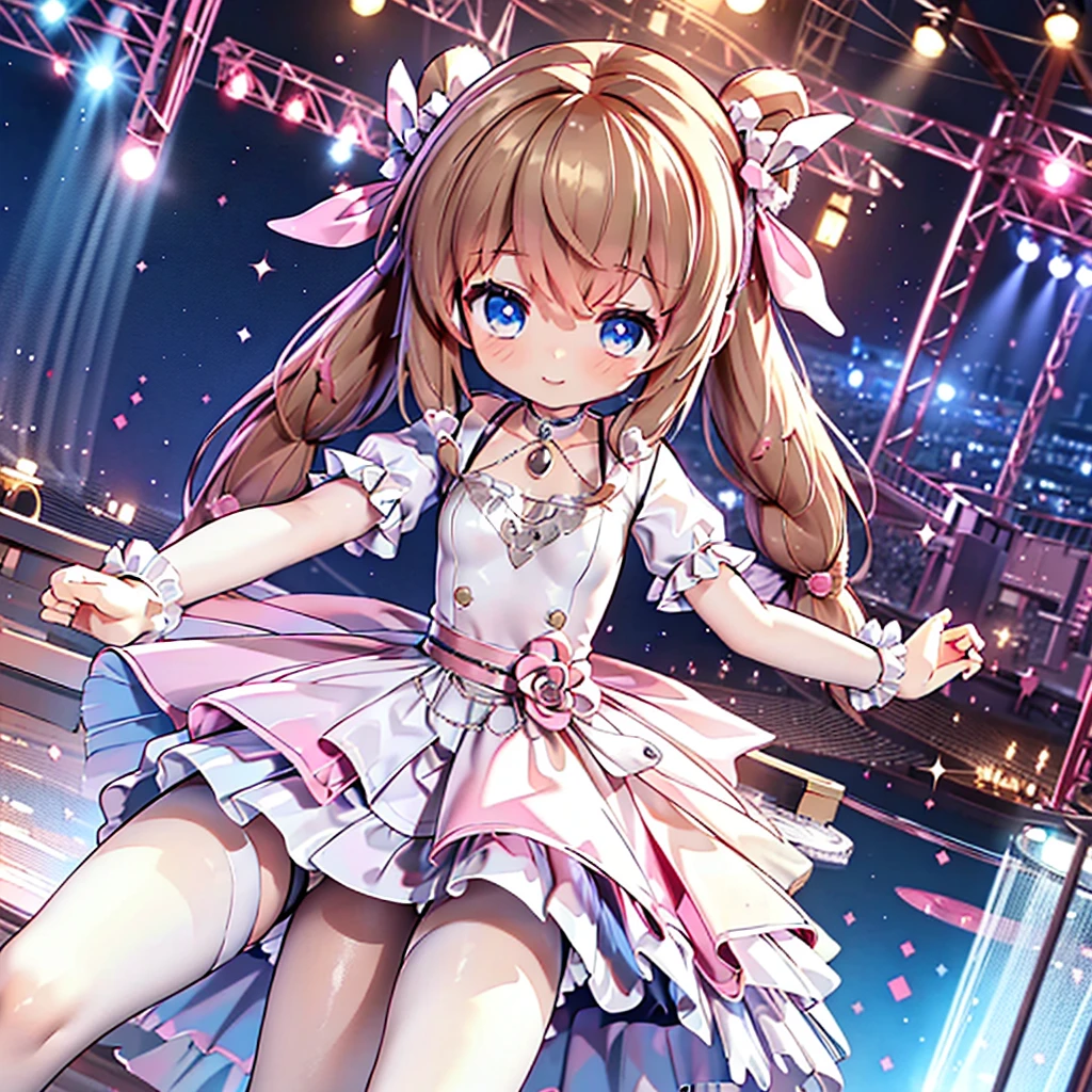 Solo girl, comical, kawaii, Blue eyes, light brown hair, back high twintails, front braids, princess dress, smile, front view, dance at the stage, neon and led lights, posing, sexy, high-resolution image, masterpiece, high quality, attractive eyes, ((dutch angle))