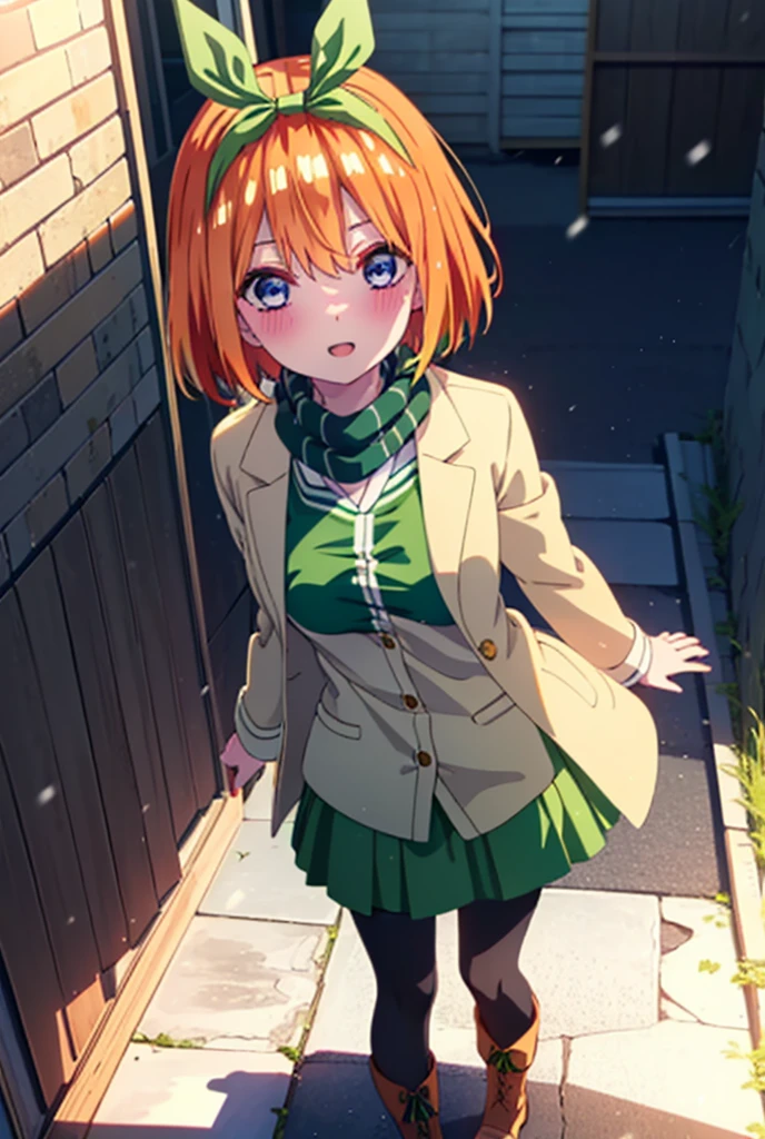 Yotsubanakano, Yotsuba Nakano, bangs, short hair, blue eyes, Hair between the eyes, hair ribbon, hair band, Orange Hair, (Green ribbon:1.5), smile, Hair between the eyes,blush, Open your mouth,White Breath,scarf,Green neck long coat,V-neck sweater,Long skirt,Black Pantyhose,short boots,Standing leaning against a wall,Snow is piling up,that'it's snowing,whole bodyがイラスト入るように,Hiding in a roofed building,
break outdoors, construction area,
break looking at viewer, whole body,
break (masterpiece:1.2), Highest quality, High resolution, unity 8k wallpaper, (shape:0.8), (Beautiful attention to detail:1.6), Highly detailed face, Perfect lighting, Extremely detailed CG, (Perfect hands, Perfect Anatomy),