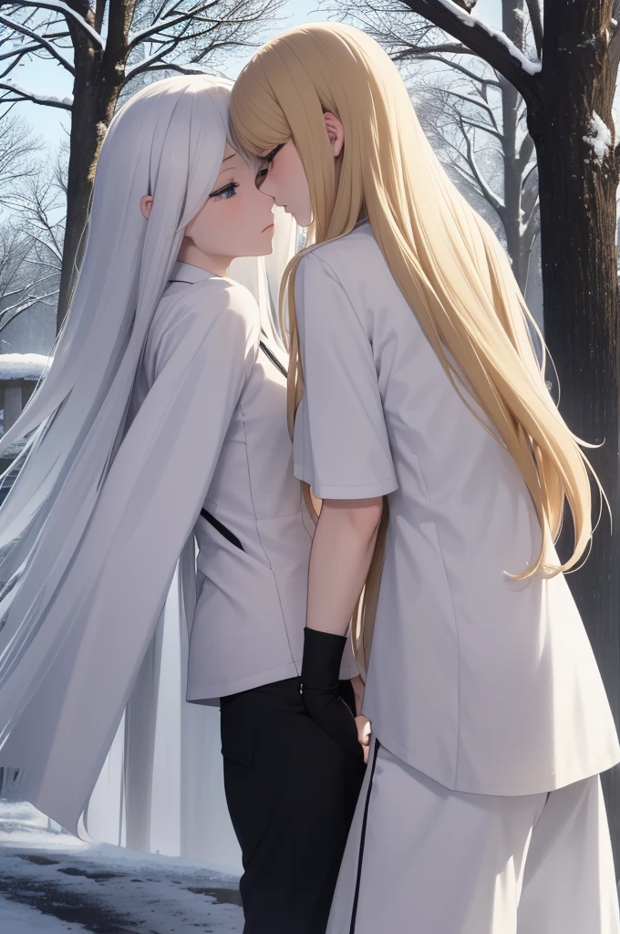 A boy with long white hair, Wearing a white t-shirt and black pants, a woman with long blond hair, beautiful breasts, wearing just shorts and a white crop top. They are supporting each other, tired. The environment around them is covered in snow. It's night. ((anime styling))