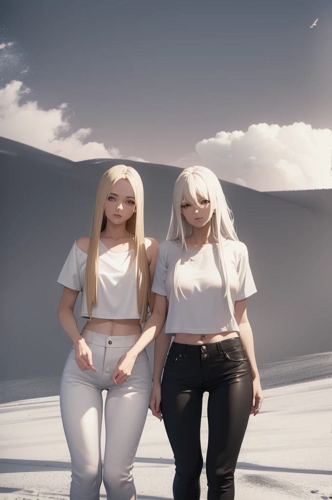 A boy with long white hair, Wearing a white t-shirt and black pants, a woman with long blond hair, beautiful breasts, wearing just shorts and a white crop top. They are supporting each other, tired. The environment around them is covered in snow. It's night. ((anime styling))