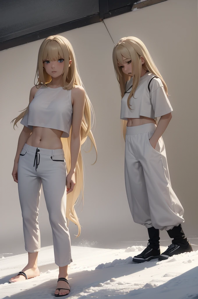 A boy with long white hair, Wearing a white t-shirt and black pants, a woman with long blond hair, beautiful breasts, wearing just shorts and a white crop top. They are supporting each other, tired. The environment around them is covered in snow. It's night. ((anime styling))