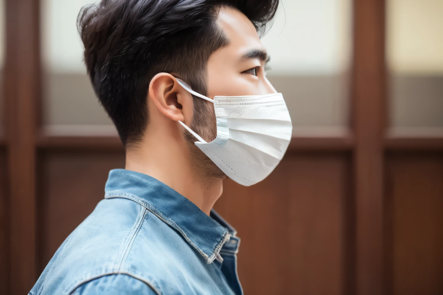 Close-up of a man with a mask strap on his ear, Side rear shooting, Focus,Highest quality